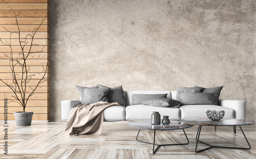 Interior design of modern minimalist apartment, living room with beige