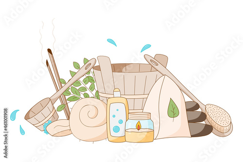 Composition of items for spa and steam rooms, relaxation and rest. Drawing in a cartoon style, with an outline and shadow on a white background.