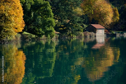 autumn Italian landscape with lake, green and yellow reflections on water