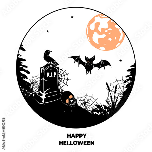 happy Halloween. landscape with a gravestone skull, bats, crow, spiders, cobwebs in a round frame. halloween landscape in a circle. vector. silhouette. eps