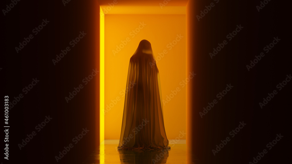 Halloween Ghost in a Simple Pumpkin Orange Corridor with a Polished Floor Creepy Woman Evil Demon Ghostly Figure 3d illustration render