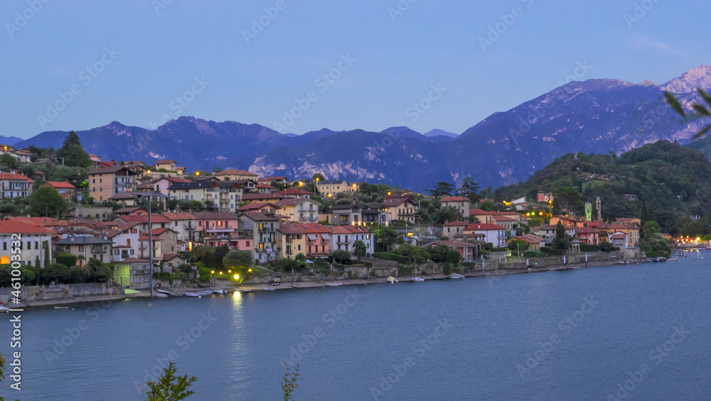 village on Como lake at blue hour, Lombardy, Italy.