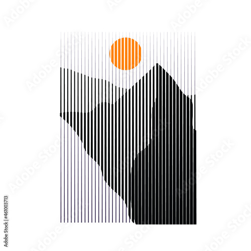 Poster with mountain landscape  and sunset in boho art style  .Minimal design with line elements . Trendy brochure . Wall art .Vector illustration .