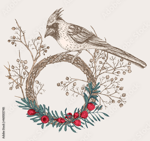 Hand-drawn sketch autumn floristic wreath with bird, yew tree berries, branches, leaves in engraving style. Vintage door decor Wedding graphic frame Hello, fall. Thanksgiving retro Vector