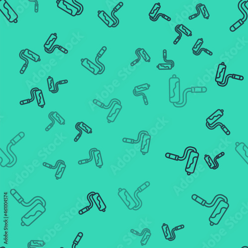 Black line Paint roller brush icon isolated seamless pattern on green background. Vector
