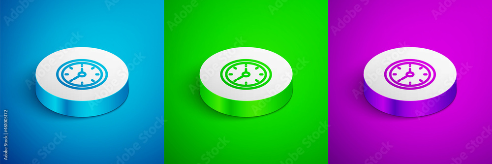 Isometric line Clock icon isolated on blue, green and purple background. Time symbol. White circle button. Vector Isometric line Clock icon isolated on blue, green and purple background. Time symbol. White circle button. Vector