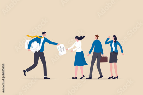 Work delegation, manager distribute work assignment to team member colleagues, assign tasks, job or project to staff responsibility concept, businessman manager delegate project assignment to team. photo