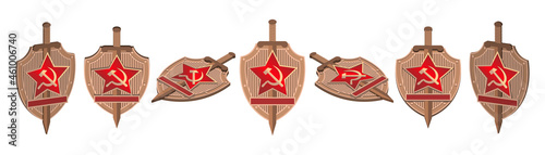 3d set. Volumetric badges of USSR. Secret service of Russia. Shield with a sword, a red Soviet star. Seven projections. Isolated on white background