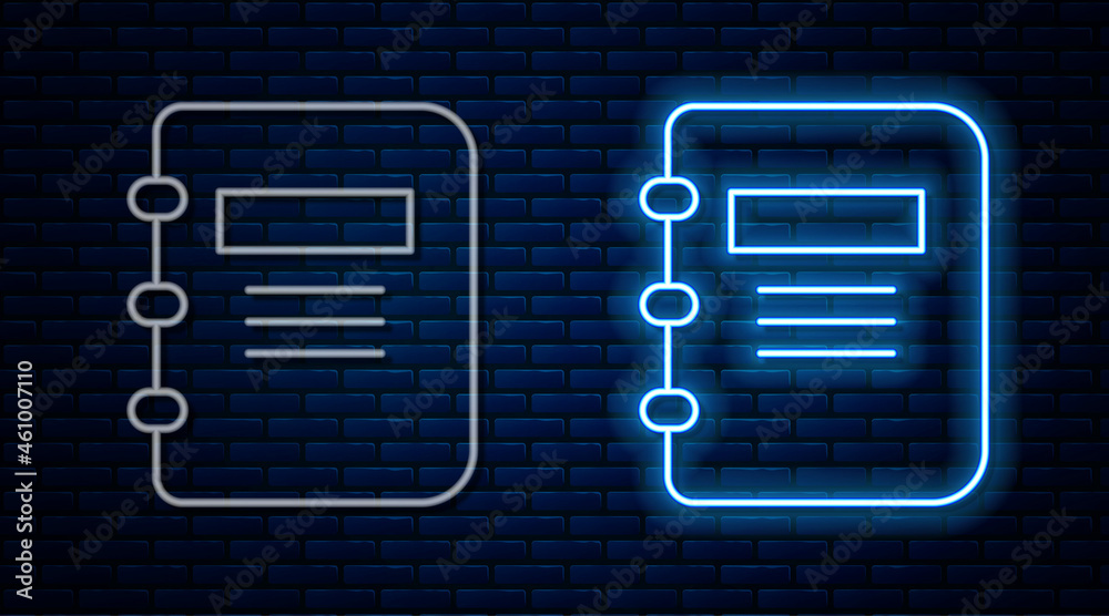 Glowing neon line Notebook icon isolated on brick wall background. Spiral notepad icon. School notebook. Writing pad. Diary for school. Vector Glowing neon line Notebook icon isolated on brick wall background. Spiral notepad icon. School notebook. Writing pad. Diary for school. Vector