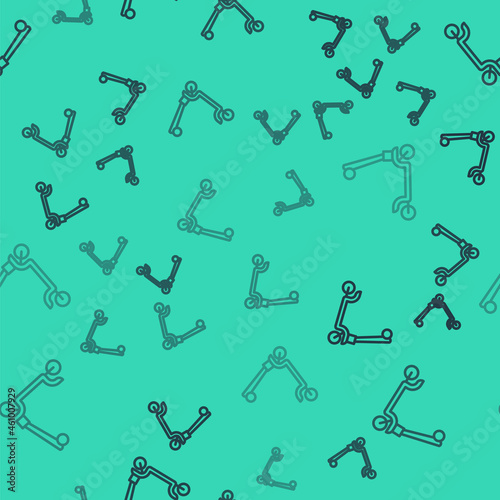 Black line Roller scooter for children icon isolated seamless pattern on green background. Kick scooter or balance bike. Vector