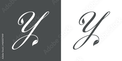 Logotipo letra inicial Y con hojas de planta en fondo gris y fondo blanco