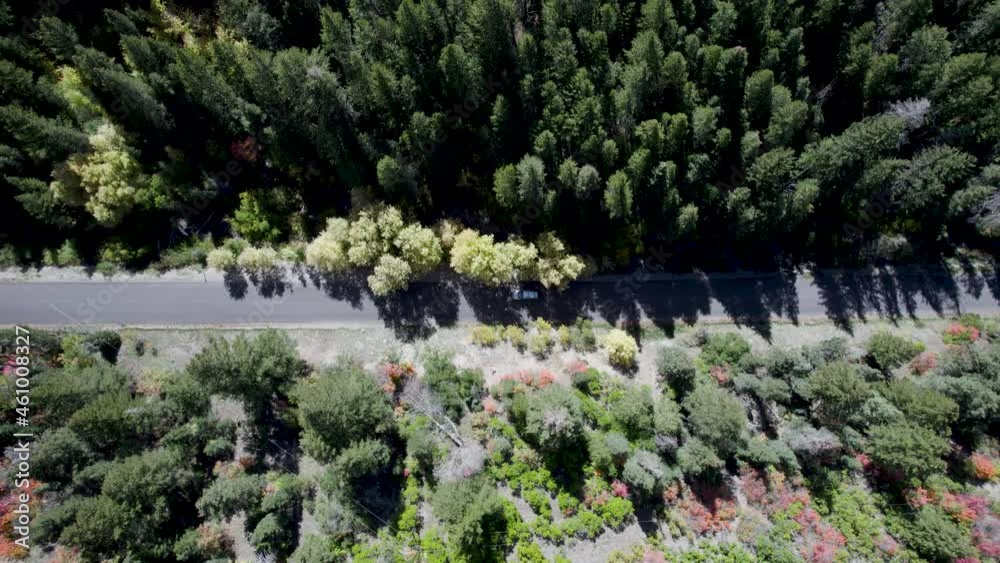 Isolated car driving along American Fork Canyon road in Utah. Aerial top-down sideways Isolated car driving along American Fork Canyon road in Utah. Aerial top-down sideways