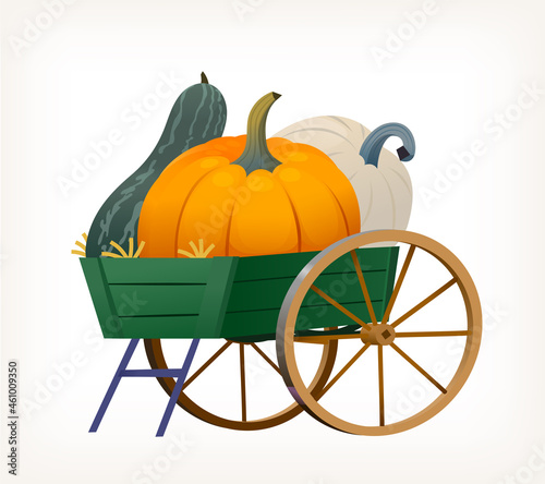Retro green wooden cart with big wheels with big variety of colourful pumpkins inside is carrying harvest to agricultural fair or market. Isolated vector illustration