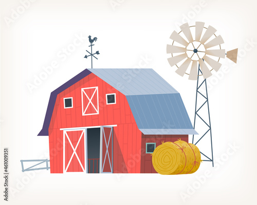 Classic red wooden farm barn building with weather vane on top windmill and hay roll near it. Isolated vector illustration of farmland countryside view.