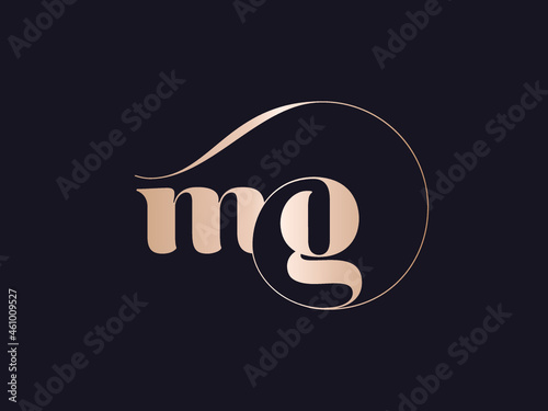 MG monogram logo.Typographic signature icon.Decorative swirl lowercase letter m and letter g.Lettering sign isolated on dark fund.Wedding, fashion, beauty alphabet initials.Elegant, luxury style.