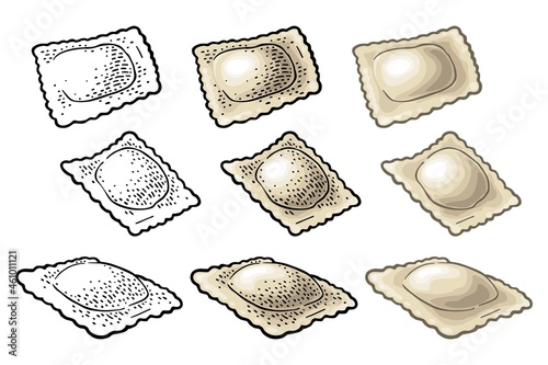 Three ravioli. Vintage black vector engraving illustration. Isolated on white