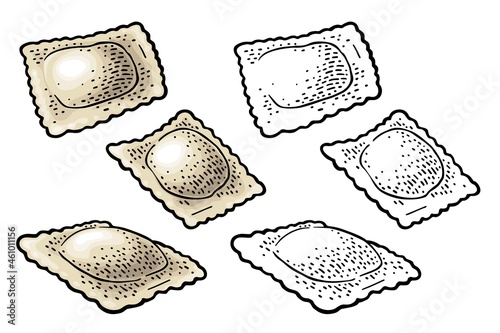 Three ravioli. Vintage black vector engraving illustration. Isolated on white