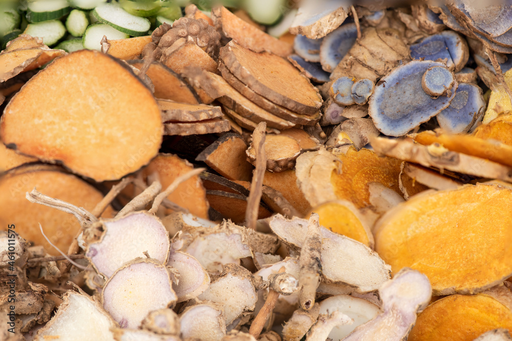 Thai herbs are sliced and fresh on natural background. Thai herbs are sliced and fresh on natural background.