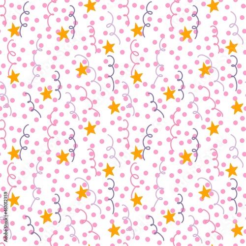 Seamless birthday pattern with stars and confetti on white background