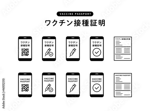 ワクチンパスポートのアイコンのセット　接種証明書　予防接種　コロナ　ウイルス　アプリ　QRコード