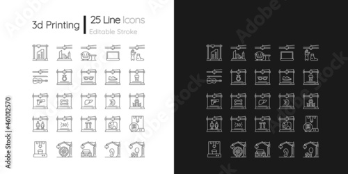 3d printing technology linear icons set for dark and light mode. Creating three dimensional objects. Customizable thin line symbols. Isolated vector outline illustrations. Editable stroke