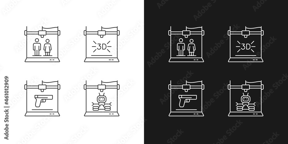 Produce 3d models linear icons set for dark and light mode. Robotic additive manufacturing. Weapon manufacture. Customizable thin line symbols. Isolated vector outline illustrations. Editable stroke Produce 3d models linear icons set for dark and light mode. Robotic additive manufacturing. Weapon manufacture. Customizable thin line symbols. Isolated vector outline illustrations. Editable stroke