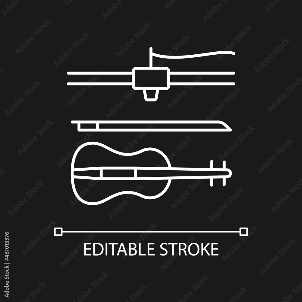 3d printed musical instruments white linear icon for dark theme. Additive manufacturing. Thin line customizable illustration. Isolated vector contour symbol for night mode. Editable stroke 3d printed musical instruments white linear icon for dark theme. Additive manufacturing. Thin line customizable illustration. Isolated vector contour symbol for night mode. Editable stroke