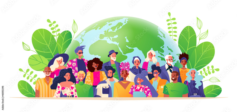 Multicultural vector characters smiling people of different nationalities on background of globe. International communication, concept of friendship, equality, unification of all people on Earth Multicultural vector characters smiling people of different nationalities on background of globe. International communication, concept of friendship, equality, unification of all people on Earth