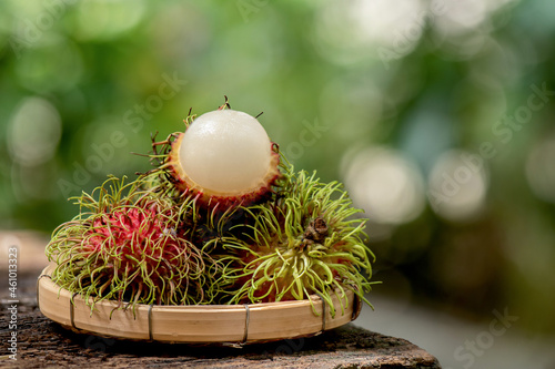 Rambutan or nephelium lappaceum fruits on nature background. photo