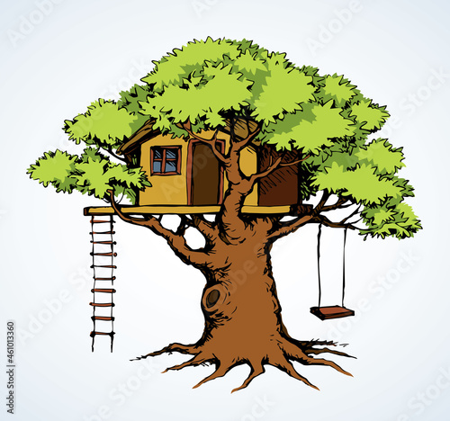 Wooden tree house. Vector drawing