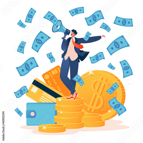 Concept of fundraising, business contribution, startup capital. Vector character shouts into megaphone while standing on large stack of money, coins, and cards, with dollars pouring down on top of him