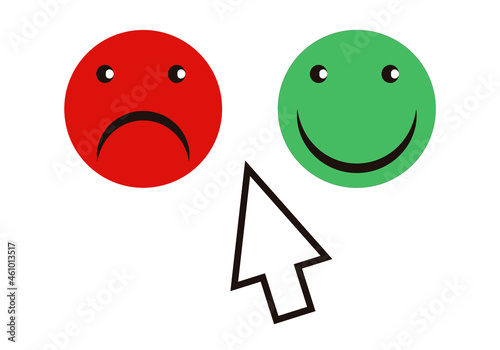 Icono de cara feliz y enfadada en fondo blanco de opinión de un producto.
