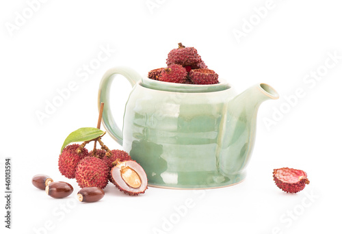 Lychee or Litchi chinensis,fruits and tea frome peel lychee isolated on white background. photo