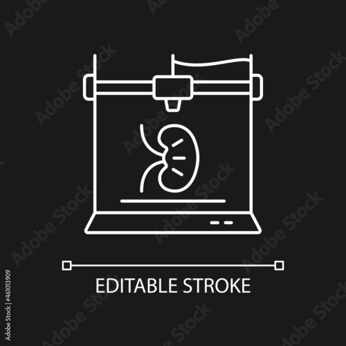 3d printed kidney white linear icon for dark theme. Transplantable artificial kidney. Thin line customizable illustration. Isolated vector contour symbol for night mode. Editable stroke