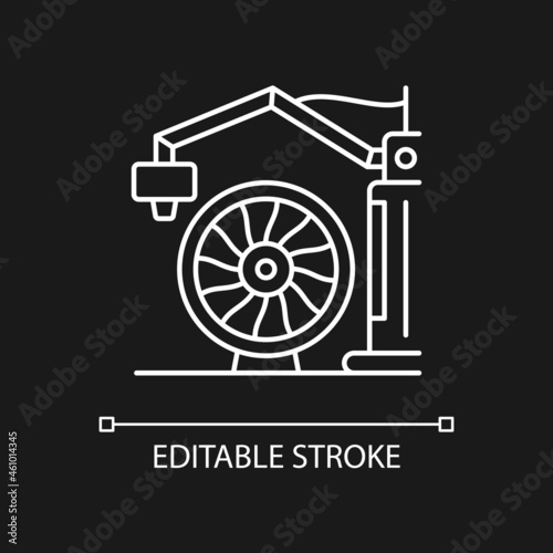 3d printing for aerospace industry white linear icon for dark theme. Produce airplane parts. Thin line customizable illustration. Isolated vector contour symbol for night mode. Editable stroke