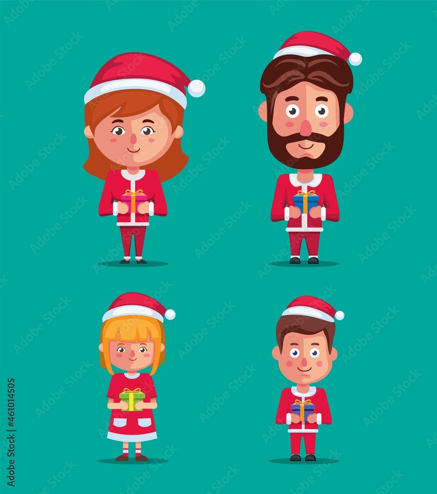 family wear christmas costume holding gift box character set on christmas season illustration vector