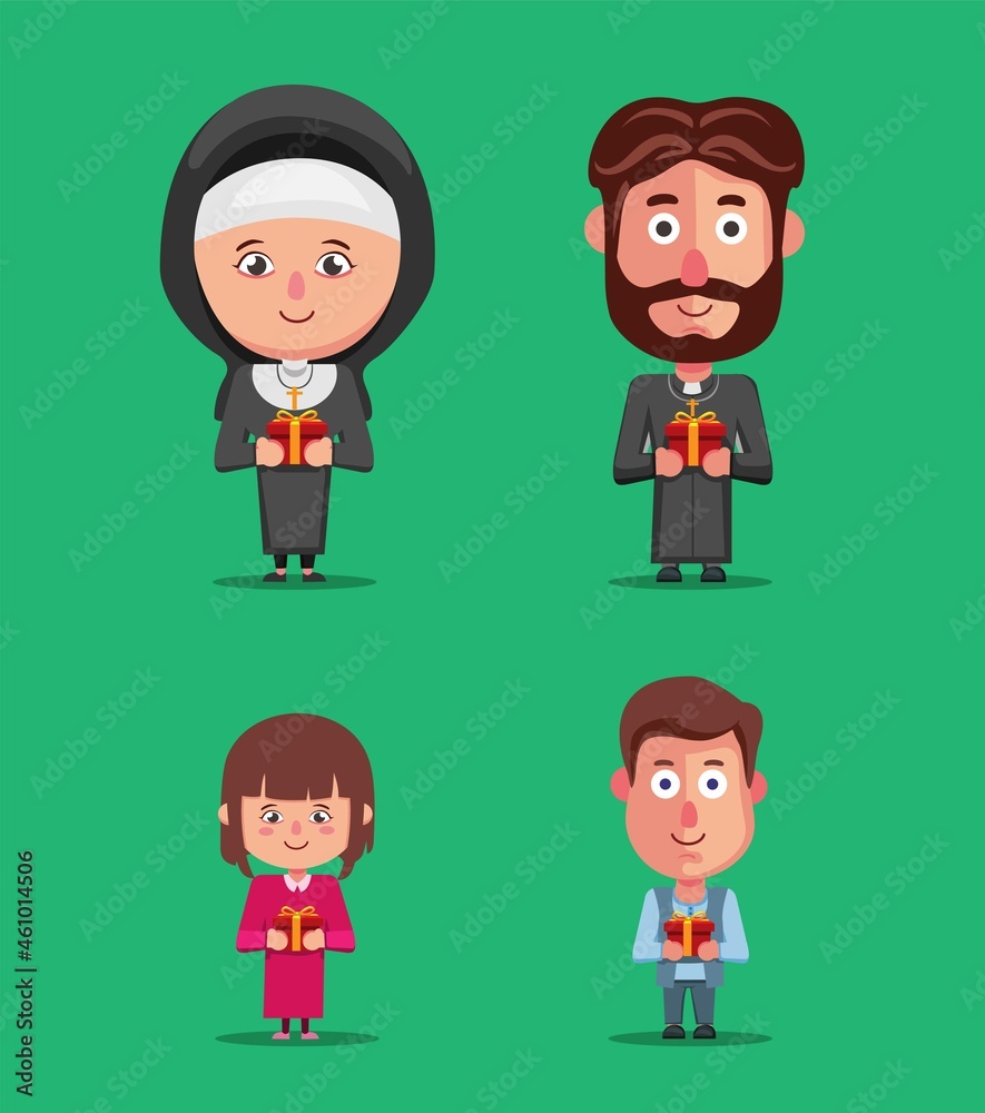 Nun, priest and child people on church celebration christmas character set illustration vector Nun, priest and child people on church celebration christmas character set illustration vector