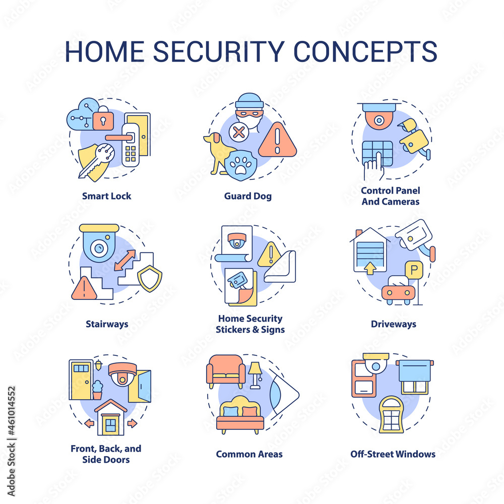 Home security concept icons set. Smart house idea thin line color illustrations. Camera surveillance. Internet of things. Burglary prevention. Vector isolated outline drawings. Editable stroke