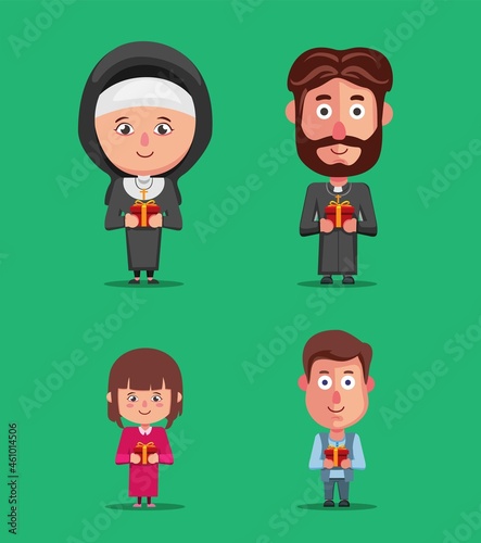 Nun, priest and child people on church celebration christmas character set illustration vector