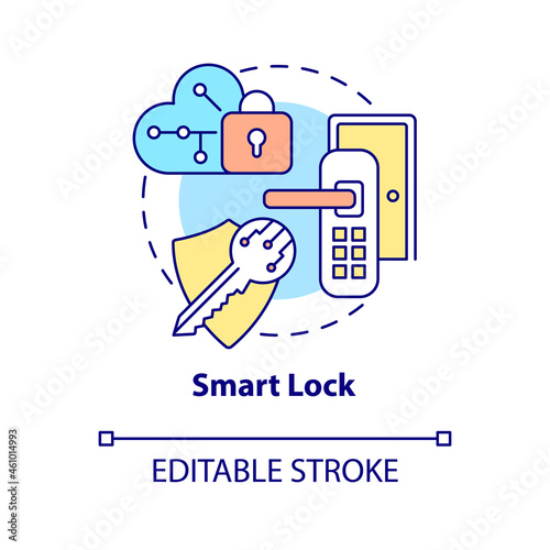 Smart lock concept icon. Electromechanical door lock abstract idea thin line illustration. Wireless security system. Home access with phone. Vector isolated outline color drawing. Editable stroke