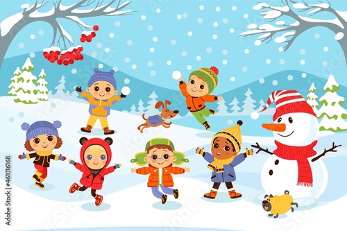 Kids winter playing. Children in park. Boys and girls making snowman. Funny people jump in snowdrifts and throw snowballs. Christmas vacances. Outdoor games and activity. Vector concept