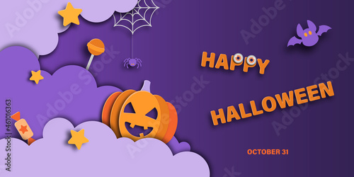 Halloween advertising banner with pumpkin, spiders, candy and bats in the night clouds on a purple background. Paper cut style. Halloween website sale banners or headers, horizontal poster template