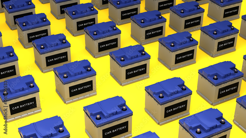 Car battery formation standing on yellow background. 3d rendering