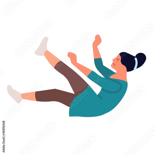 Injuring falling women. Dangerous falls. Disorientation in space and balance loss. Girl drops back. Female character slipped. Accident and failure. Trauma risk. Vector tripped person