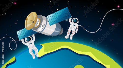 Two astronauts and satellite in space scene