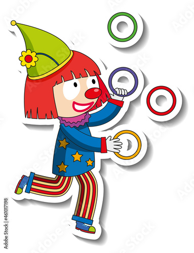 Sticker template with happy clown cartoon character isolated