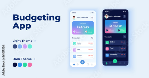 Budgeting app cartoon smartphone interface vector templates set. Mobile app screen page day and dark mode design. Managing finance UI for application. Phone display with flat character