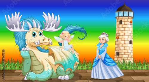 Dragon and queen cartoon character on rainbow gradient background