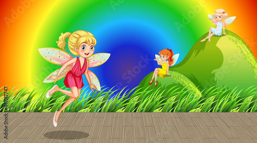 Fairies cartoon character on rainbow gradient background