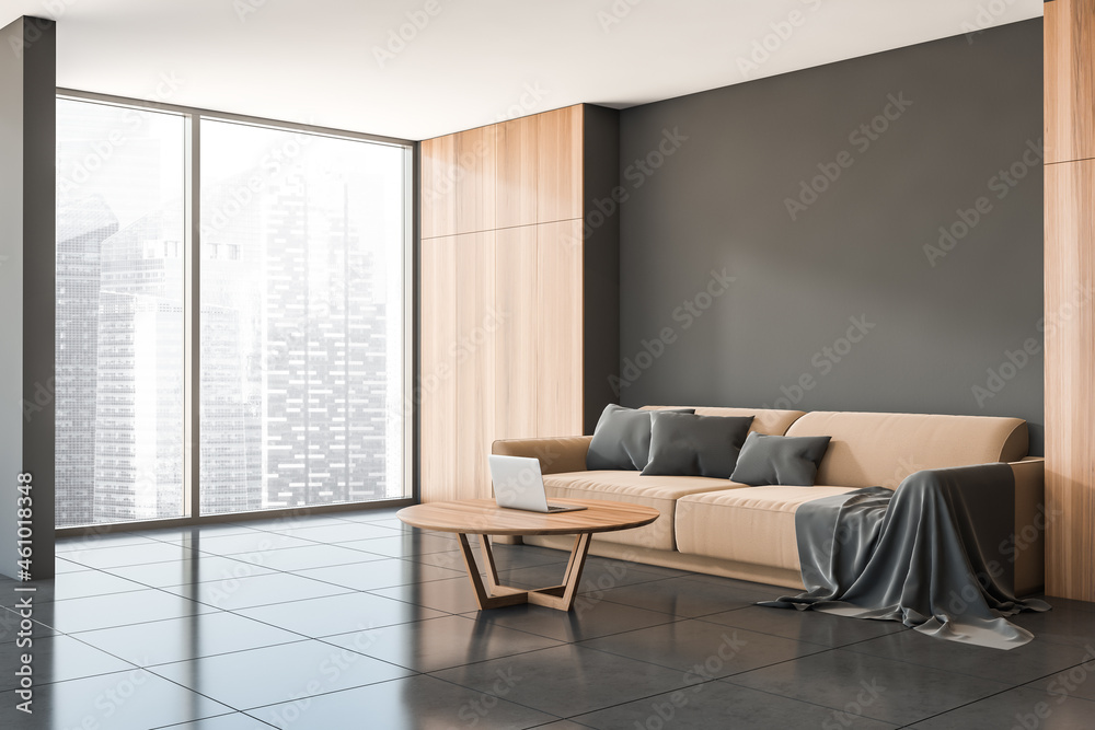 Brown sofa in dark living room interior with coffee table, mockup Brown sofa in dark living room interior with coffee table, mockup